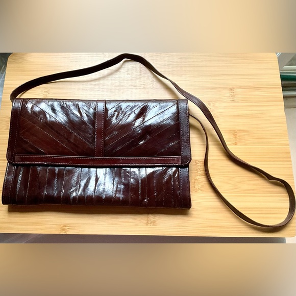 Vintage Genuine Eel Skin Leather Shoulder/Clutch Bag in Burgundy Brown - Picture 1 of 10